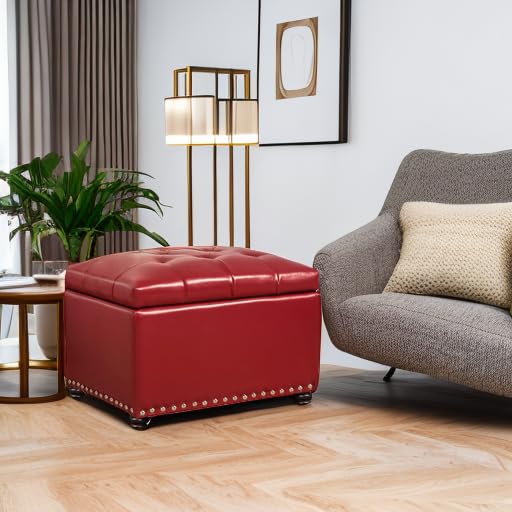 24'' Leather Storage Ottoman Rectangular Foot Rest Stool with Nailhead Trim for Bedroom Living Room(Red) - color: Red