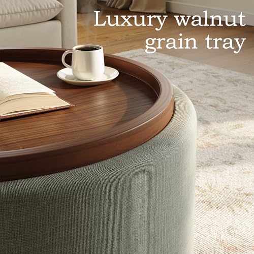 30'' Round Storage Ottoman Coffee Table with Walnut Tray, Round Ottoman with Storage, Modern Upholstered Coffee Table with with 4 Casters for Living Room, Linen Fabric, Dark Grey - color: Dark Grey