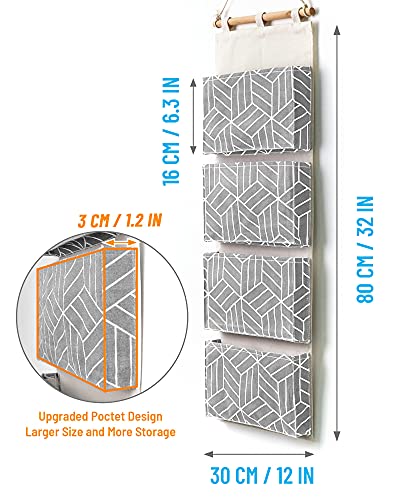 CROWNED 2Pcs Over Door Hanging Storage Bags Wall Mount Closet Organizer, 4 Big Pockets Linen Cotton Fabric Multi Functional Living Room Bedroom Bathroom File Magazine Waterproof Free Hooks Grey - color: Grey