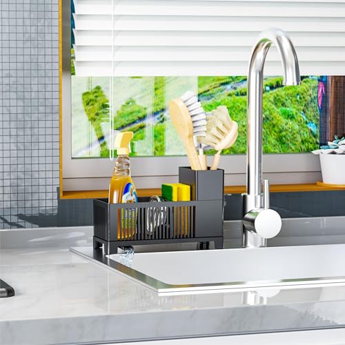 Rustproof Kitchen Sink Organizer for Countertop,Multifunctional Sink Organizer Caddy & Organization,Scrub Brush and Sponge Holder,Plastic Sink Storage Rack,Sponge Drain Rack,Dish Soap Dispenser,Black - style: Countertop