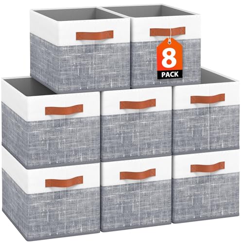 Fab totes Collapsible Storage Baskets for Shelves,14"x10", 8 Pack Foldable Fabric Storage Bins with Double Leather Handles, Large Baskets for Organizing Books, Clothes, White & Grey - color: Grey, size: 8Pack