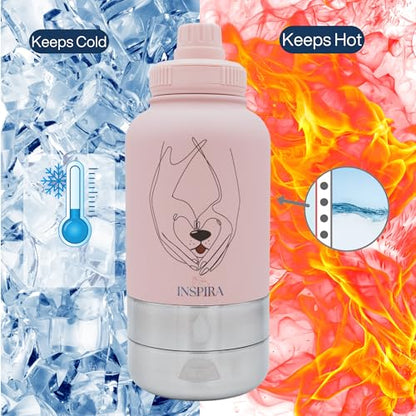 INSIPRA 32oz Dog Water Bottle with Food & Water Bowls – 3-in-1 Portable Pet Travel Bottle with Magnetic Phone Holder, Leakproof, BPA Free, Insulated (Pink) - color: PINK