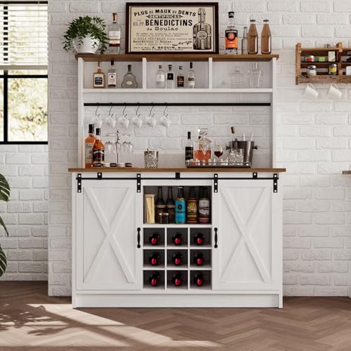 4ever2buy Farmhouse Coffee Bar Cabinet with Storage, 47” Coffee Bar with Storage Hutch & Barn Doors, Hutch Cabinet with 6 Hooks & 9 Wine Racks for Dining Room, Kitchen, White - color: White, size: 48Inch