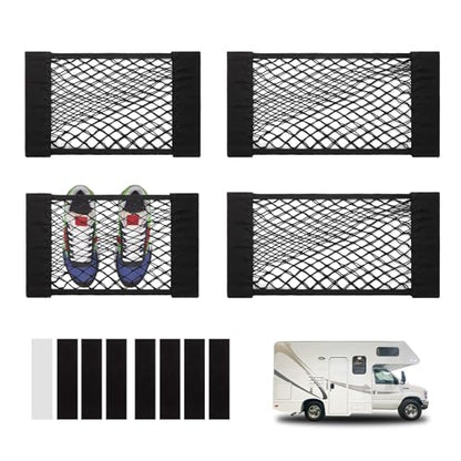 CARFIB Car Net Pocket Trunk Organizer RV Wall Bag Elastic Small Cargo Nets Mesh Adhesive for SUV Boat 4pcs