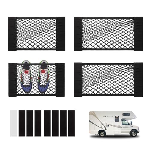 CARFIB Car Net Pocket Trunk Organizer RV Wall Bag Elastic Small Cargo Nets Mesh Adhesive for SUV Boat 4pcs