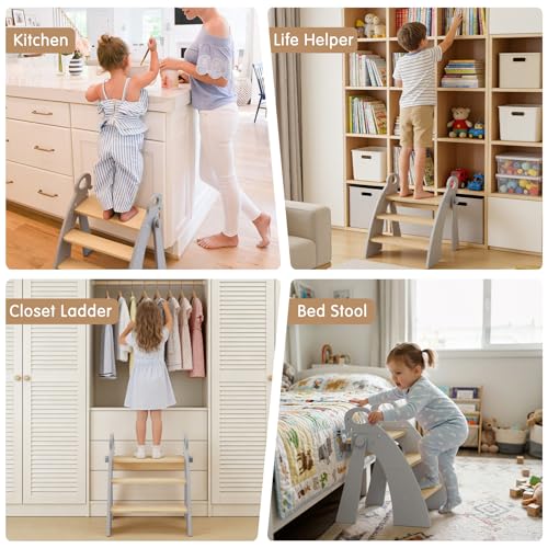 Wooden 3 Step Stool for Kids Bathroom Sink Foldable Anti-Slip, Child Stepping Stool for Kitchen Nursery Bedroom, Sturdy Non Slip Adult Stool for Closet - color: Grey Ele