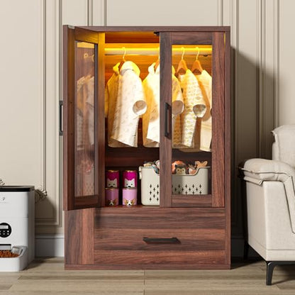 kepptory Pet Wardrobe Closet with LED Light, Side Storage Shelves & Drawer, Walnut Pet Clothes Organizer Cabinet with Hanging Rod, Multi-Functional Pet Closet for Dogs & Cats Clothing, Toys | Walnut Pet Clothes Organizer Cabinet with Hanging Rod, Multi-Fu
