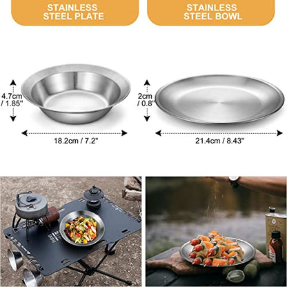 Odoland Stainless Steel Camping Mess Kit for Family & Person, Cooking Tableware Utensils with Plates Bowls Forks Spoons Knives & Savings Bag for Camping, Backpacking, Hiking, Picnic - style: 1 Person Set