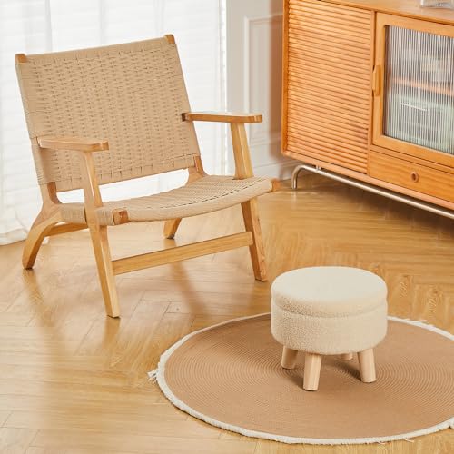 Wimarsbon Storage Ottoman, Modern Round Footrest with Soft Padded Seat, Teddy Velvet Footstool with Wood Legs, Accent Small Table or Plant Stand for Hallway, Living Room (Off-White) - color: Off-white