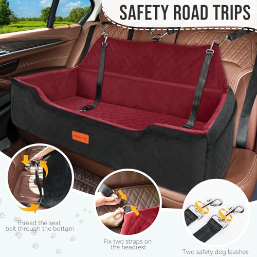 HEGGCOOE Large Dog Car Seat Under 100 lbs, Washable Dog Car Bed for 2 Medium Dogs, Detachable Pet Booster Seat with Storage Pocket and Seat Belt for Back Seat - color: Black/Red