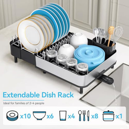 Urackify Dish Drying Rack - Dish Drainer for Kitchen Counter, Stainless Steel Dish Rack with Swivel Draining Spout & Drain Board, Expandable Space-Saving Kitchen Dish Organizer for 3-4 People, Black - color: Black