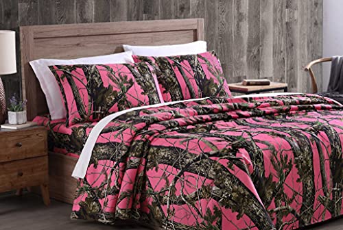 Chezmoi Collection Salem 3-Piece Cabin Lodge Forest Woods Sheet Set - Nature Camo Tree Leaves Printed Soft Microfiber Sheets - Twin, Pink - color: Pink, size: Twin