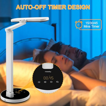 Miady LED Desk Lamp Stepless Dimming for Office Home, 15/30/45 Minutes Auto-Off Timer, 6 Lighting Brightness Levels with Adjustable Arm, Eye-Caring Reading Light for Table Bedroom Study