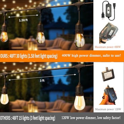 50FT Outdoor String Lights Waterproof with 30+2 Bulbs (1.5FT Bulbs Spacing), Remote & Dimmer, Commercial Grade Patio Lights with 3 Mode Light & Timing,100PC Ties for Outside - style: 50FT With 32 Bulbs