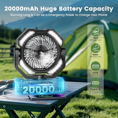 20000mAh Portable Misting Fan, USB Rechargeable Camping Fan with LED Light, Battery Operated for Outdoor, Tents, Beach, Travel - 250mL Water Tank & Hook Included, Black. - color: Black