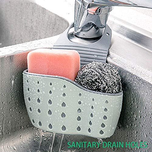 EC ELEGANTCHARM Kitchen Sink Caddy Sponge Holder Silicone Plastic Soap Holder Hanging Ajustable Strap Faucet Caddy with Drain Holes for Drying - color: Sky Blue