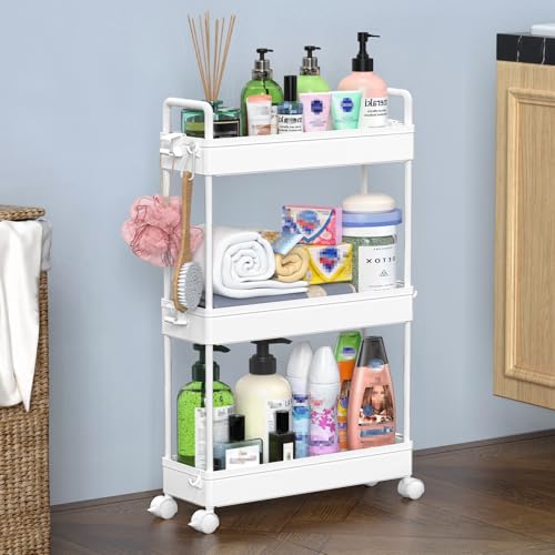 SOLEJAZZ Slim Rolling Storage Cart with Wheels 3 Tier Skinny Bathroom Storage Organizer Thin Laundry Room Utility Cart Space-Saving for Bedside Kitchen Office Small Narrow Places, White - color: White, size: 3-Tier, 4.76"D