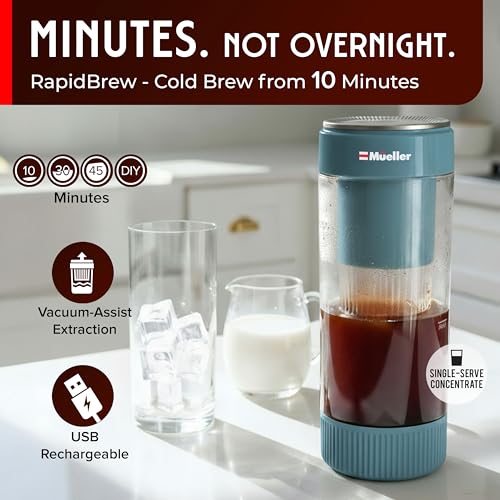 Mueller RapidBrew Cold Brew Iced Coffee Maker – 10 Min Fast Brew Portable Rechargeable Cold Brew Machine for Coffee & Tea – Adjustable Strength 10-99 Min – 20 Servings Per Charge, Mineral Blue - color: Mineral Blue