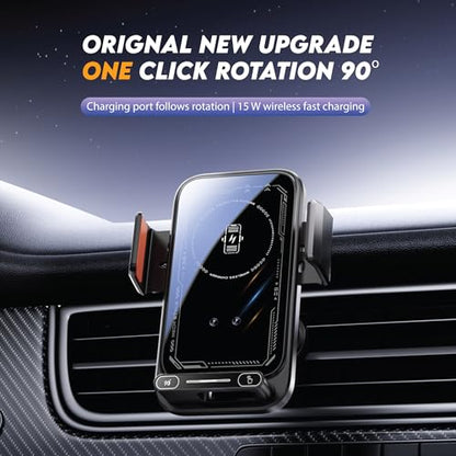 Wireless Car Charger Phone Holder, 15W Auto Clamping Car Phone Mount Charger with Gesture Control, 90 Degree Auto Rotation, Dual Vent and Dashboard Mount for iPhone and Android