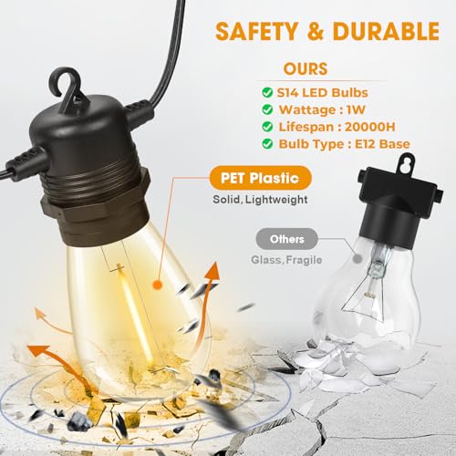 GvvooHome 200FT(50FT*4) LED Outdoor String Lights Waterproof Patio Lights with 64 Shatterproof S14 Edison Bulbs(4 Spare), Dimmable Hanging Outdoor Light Connectable for Yard, Porch, 2700K Warm White - size: 200FT