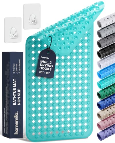 Bathtub Mat Non Slip 35x16 - homerella® Bath Mat Incl. Hooks for Drying, Extra Long, 100% BPA Free, Shower Mat Non Slip Anti Mold, Machine Washable, Shower Mats for Inside Shower Mildew Resistant - color: Clear Turquoise, size: 34.5" x 15.5" (Rectangular)
