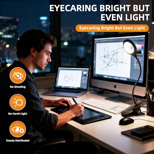 Akynite Desk Lamp LED Clip on Light, 5 Modes 5 Brightness Dimmable Clamp Light, Rechargeable Battery Flexible Clip on Reading Lamp for Bed Headboard Bunk Bed at Night for Kids (Black) - color: Black