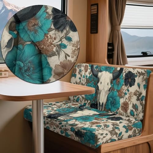 Cow Skull Peony Print 2 Pack RV Dinette Cushion Covers Stretch Camper Cushion Slipcover Pet-Friendly RV Couch Cover Fuzzy Sofa Slipover for Travel Trailer Couch - color: Cow Skull Peony