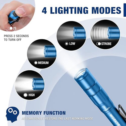 WORKPRO Rechargeable Pen Light, Mini Flashlight, 2 Pack Ultra-Compact EDC Flashlight, Pocket Flashlight with Clip, Memory Function and 2 x USB C Cable Included, Blue - color: Blue