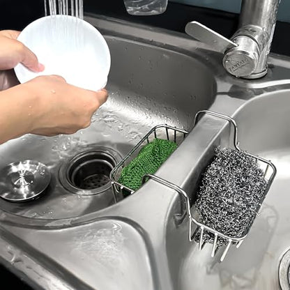 BuleVina Stainless Steel Sponge Holder for Kitchen Sink - Never Rust Hanging Saddle Double for Soap Kitchen Sink Caddy 2.2 inch, Rustproof Organizer for Dishwashing and Brush Drying