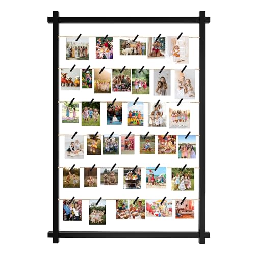 Collage Picture Frame,Photo Display Board with Clips,Hanging Pictures Frames Photos Wall Decor for Wedding Graduation Party Birthday Greeting Letter Christmas Cards Holder Organizer,39 inch(Black) - color: Black, size: Wall Mount(39.37")