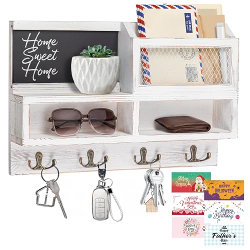 Key Holder Wall Mount, Wooden Mail and Key Organizer with Chalkboard and Mirror, 3 Greeting Cards, 8 Hooks, White - color: White