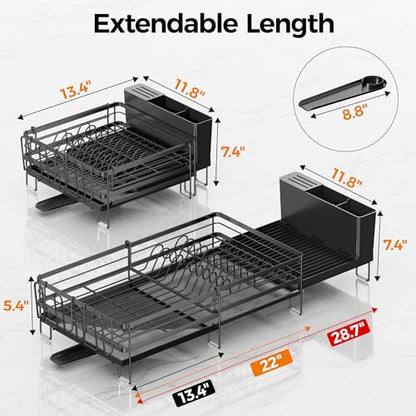 Delamu Stainless Steel Dish Drying Rack, Expandable Dish Drainer, Anti-Rust Large Dish Racks for Kitchen Counter, Dish Strainers with Drainboard, Utensil & Cup Holder, 13.4"-28.7" L x 11.8" W, Black - color: Black