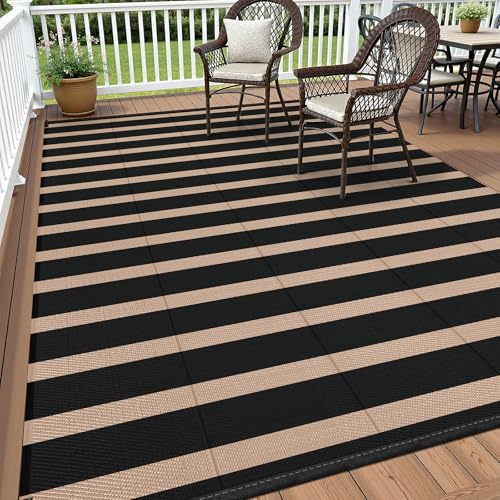Vaukki Waterproof Outdoor Rug 5x8, Reversible Striped Patio Rug, Lightweight Plastic Straw Camping Mat, Indoor Outdoor RV Carpet for Outsides, Patio, Camping, Balcony, RV and Deck, Black and Beige - color: Black and Beige, size: 5' x 8' (Rectangular)