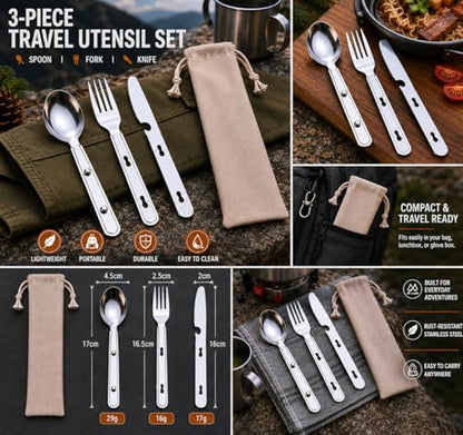 Stainless Steel Travel Utensil Set, 3-Piece Portable Flatware with Spoon, Fork, Knife, Lightweight Camping Cutlery, Interlocking Design, 6 inches, Canvas Carrying Case Included