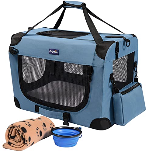 Petprsco Portable Collapsible Dog Crate, Travel Dog Crate 24x17x17 with Soft Warm Blanket and Foldable Bowl for Large Cats & Small Dogs Indoor and Outdoor - color: Blue, size: 24.0"L x 17.0"W x 17.0"H