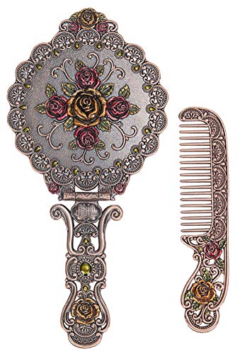 Nerien Vintage Mirror Comb Set Metal Antique Rose Style Handheld Makeup Mirror Travel Round Folding Cosmetic Mirror Women's Vanity Handle Foldable Mirrors Decorative Tabletop Mirrors Copper - color: C - Copper