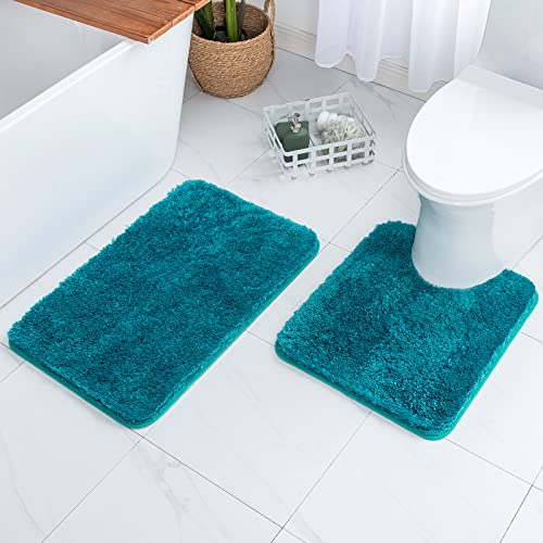 MIULEE Teal Bathroom Rugs Set 2 Piece, Soft Absorbent Microfiber Bath Mat and U-Shaped Contour Toilet Rug, Non Slip Quick Dry Washable Plush Shaggy Bath Rugs for Bathroom，20"x30"+20"x24" - color: Teal, size: U 20''x24'' + 20''x30''