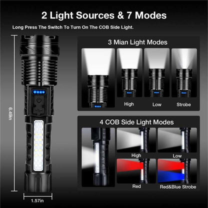 Rechargeable Flashlight 980,000L High Lumens 2 Pack, Led Tactical Flash Light, Super Bright Flashlights with 7 Modes, USB C Charging, Cob Side Light, IPX6 Waterproof for Camping Emergency - size: 2pc-L2