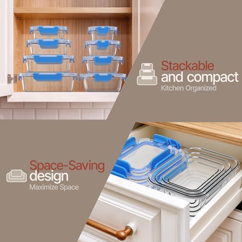 Bakken Borosilicate Glass Food Storage Containers with Lids 24 Pieces, BPA-Free Stackable Lunch & Leftover Containers, Microwave, Freezer & Dishwasher Safe, 100% Airtight Leak-Proof, Blue - color: Blue