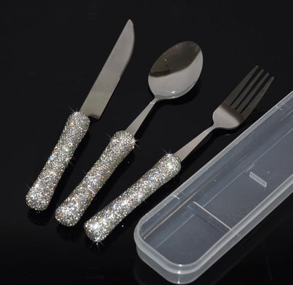 Bling Rhinestone Crystal Dazzling Culinary Utensils Travel Set for Office, Lunch, and Travel (3, Silver) - color: Silver