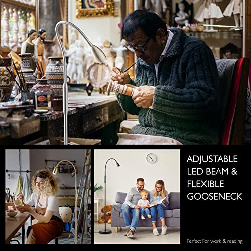 O’Bright Ray – Adjustable LED Beam Floor Lamp, Dimmable and Zoomable Spotlight, Flexible Gooseneck, Reading/Crafting Standing Lamp, Work Table Light, Antique Brass - color: Antique Brass