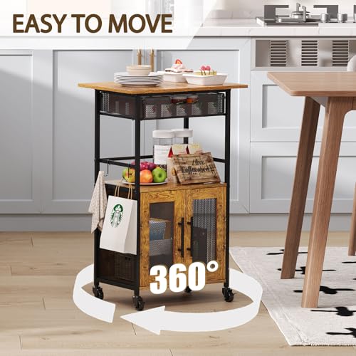 3 Tier Slim Rolling Coffee Cart with 2-Door & Pull-Out Wire Basket Drawer, Coffee Bar Cabinet on Lockable Casters, 32.7" H Microwave Cart with Storage for Home, Kitchen, Dining Room (Rustic Brown) - size: Medium