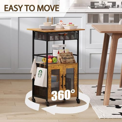 3 Tier Slim Rolling Coffee Cart with 2-Door & Pull-Out Wire Basket Drawer, Coffee Bar Cabinet on Lockable Casters, 32.7" H Microwave Cart with Storage for Home, Kitchen, Dining Room (Rustic Brown) - size: Medium