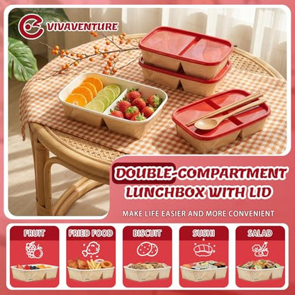 8 Pack 32oz Paper Lunch Box Bento Boxes, 2-Compartment Food Storage Containers with Lids, Leakproof Soak-Proof and Microwave Safe, Disposable To Go Boxes for Picnics, Offices, Catering, Red Lid - color: Red