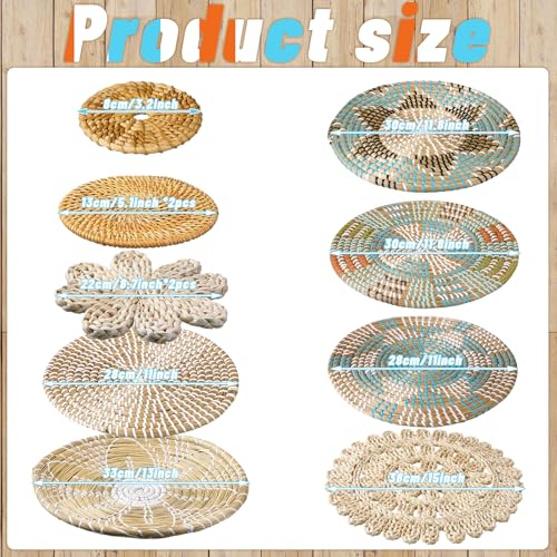 11 Pcs Boho Hanging Wall Basket Decor Handmade Woven Basket Wall Decorative Boho Wicker Baskets Placemats Round Farmhouse Bulrush Art for Rustic Home Decorations Christmas Gift(Bright) - style: Bright