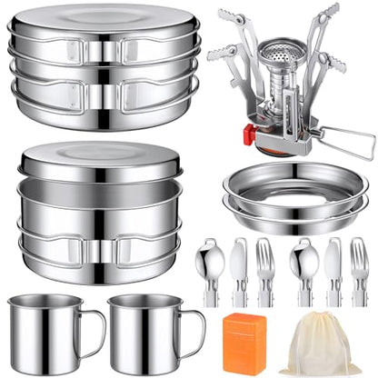 Funnymoom 15 Pcs Camp Cooking Set Stainless Steel Camping Cookware Mess Kit with Pot Pan and Stove 2 Set Stainless Steel Cups Plates Forks Knives Spoons for Camping Backpacking Outdoor Cooking Picnic