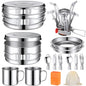 Funnymoom 15 Pcs Camp Cooking Set Stainless Steel Camping Cookware Mess Kit with Pot Pan and Stove 2 Set Stainless Steel Cups Plates Forks Knives Spoons for Camping Backpacking Outdoor Cooking Picnic