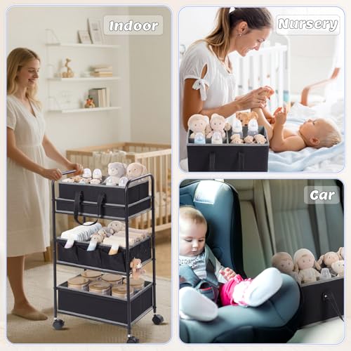 Honeydak 2in1 Baby Diaper Caddy Organizer Cart 3 Tier Large Capacity Metal Utility Bedside Rolling Cart with Divider Newborn Registry Nursery Essential Must Have Crib Bedroom Baby Shower(Black) - color: Black