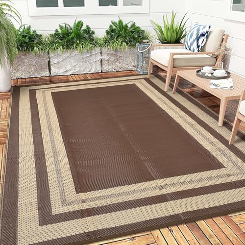 Outdoor Rug 8x10 Waterproof Patio Rugs Modern Border Reversible Mat for Front Door Rv Foldable Plastic Straw Carpet for Travel Trailers, Deck, Picnic, Porch, Camper, Balcony, Beach，Brown - color: Border3 - Brown, size: 8' x 10' (Rectangular)