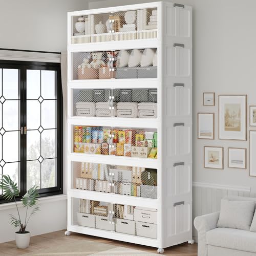 180GAL/720QT Plastic Storage Bins with Lids & Wheels, Collapsible Stackable Storage Boxes, Large Folding Cabinet Organizers for Closet Home Kitchen Office, 6Pack White - color: White, size: 30Gal-6Pack